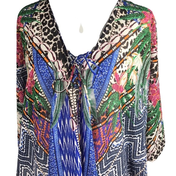 Violet Sky sheer Floral blue pink, grey Cover-up Tunic Caftan - Sz L - Picture 4 of 7